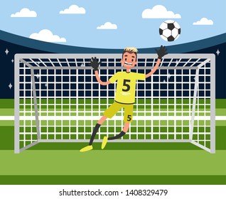 Goalkeeper jumping to catch the ball. Soccer or football player in the uniform at the gate on stadium. Vector illustration in cartoon style