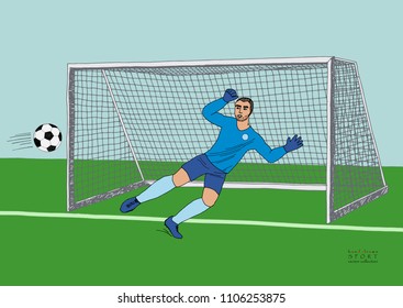 Goalkeeper jumping to catch the soccer ball. Football game. Young athletic champion. Hand drawn vector flat colorful illustration