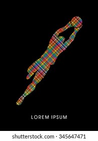 Goalkeeper jumping, catches the ball designed using colorful line pixels graphic vector.