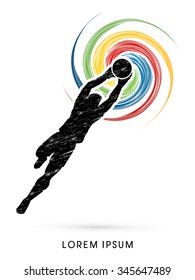 Goalkeeper jumping, catches the ball designed using grunge brush graphic vector.