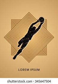 Goalkeeper jumping, catches the ball designed using grunge brush on line square graphic vector.