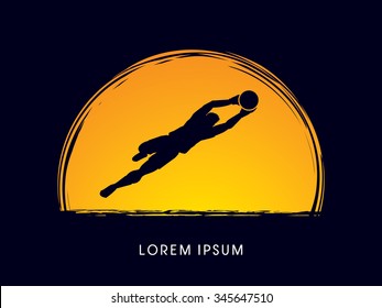 Goalkeeper jumping, catches the ball designed on moonlight graphic vector.