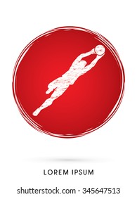 Goalkeeper jumping, catches the ball designed using on grunge circle graphic vector.