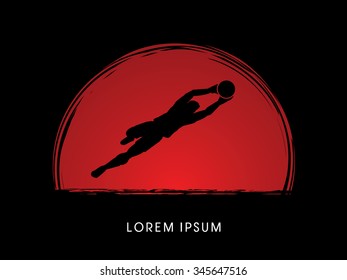 Goalkeeper jumping, catches the ball designed on sunset or sunrise background graphic vector.