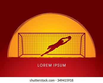 Goalkeeper jumping, catches the ball designed on moonlight graphic vector.