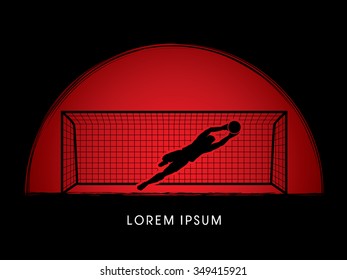 Goalkeeper jumping, catches the ball designed on sunset or sunrise background graphic vector.