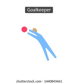 Goalkeeper jumping, catches the ball icon isolated on white background. Sport accessories collection for info graphics, websites and print media. Vector illustration in flat style.