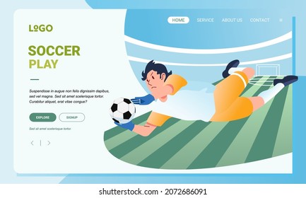 a goalkeeper jumps and catches the ball that will go into the goal landing page banner vector illustration