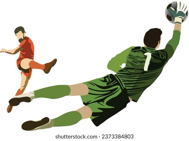 A goalkeeper jumps and hits the ball from a striker's shot. Football players in action isolated on transparent background