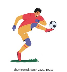 Goalkeeper Kicking Ball Defend Gates in Soccer Tournament. Goalie Male Character Wear Football Team Uniform in Motion on Stadium Isolated on White Background. Cartoon People Vector Illustration