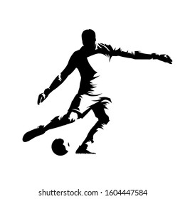 Goalkeeper kicking ball, soccer player, ink drawing. Isolated vector silhouette