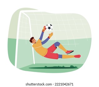 Goalkeeper Leaping to Catch Ball Flying into Gate. Man Defend Gates in Soccer Tournament. Goalie Male Character Wear Football Team Uniform in Motion on Stadium. Cartoon People Vector Illustration