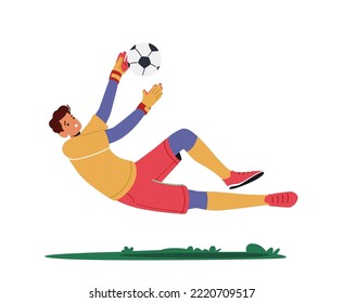 Goalkeeper Leaping to Catch Ball. Man Defend Gates in Soccer Tournament. Goalie Male Character Wear Football Team Uniform in Motion Isolated on White Background. Cartoon People Vector Illustration