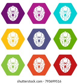 Goalkeeper mask icon set many color hexahedron isolated on white vector illustration