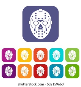 Goalkeeper mask icons set vector illustration in flat style in colors red, blue, green, and other