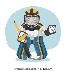 The goalkeeper is on the gate. Vector illustration of a man in a mask and protection.