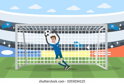 Goalkeeper on gates. Playing in soccer on the stadium.