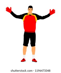 Goalkeeper on goal defends penalty. Soccer player in action vector illustration isolated on white background. Football player. Goalkeeper defense position.  Defender sportsman position. Save penalty.