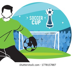 goalkeeper player man with ball in front of goal in stadium design, Soccer football sport hobby competition and game theme Vector illustration