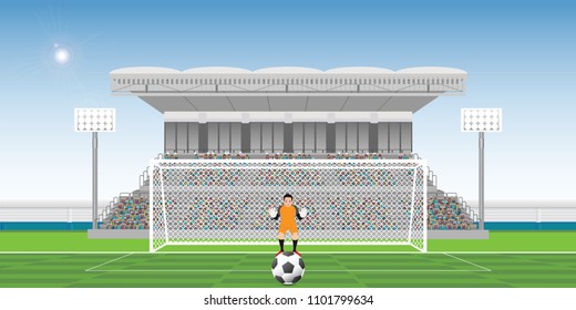 Goalkeeper prepares to take a penalty kick on the gate, football match team players sport championship vector illustration.