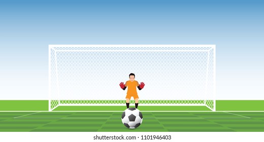 Goalkeeper ready to catch soccer ball at penalty kick on the gate, football match team players sport championship vector illustration.