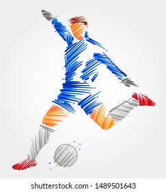 Goalkeeper running to kick the ball away, made in blue and grayscale brush strokes on light background