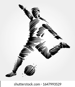 Goalkeeper running to kick the ball away, made in black brush strokes on light background