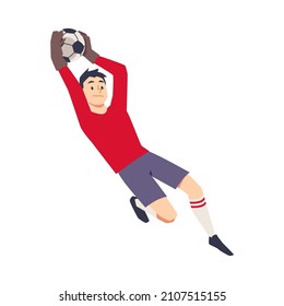 Goalkeeper save the goal cartoon vector avatar. Soccer player keeper catch the ball with hands in gloves in jump. Soccer activity sport game flat illustration.