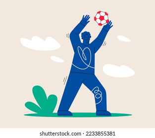 Fútbol de portero. El hombre atrapa una pelota.  Ilustración vectorial colorida 