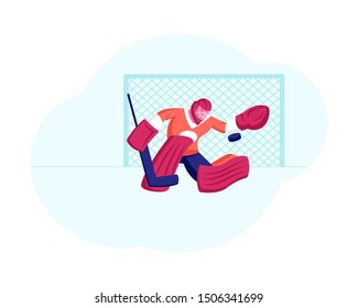 Goalkeeper in Sports Equipment Catches Puck at Hockey Competition Game. He Defends Attacked Gate. Male Character Engages in Sport, Athlete Player Takes Part in Championship. Cartoon Flat Vector Illustration