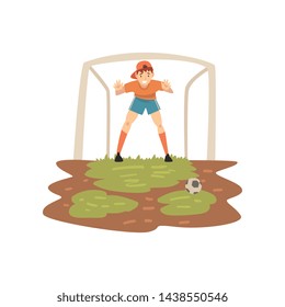 Goalkeeper Standing at Gate on Sport Field, Soccer Player, Summer Outdoor Activities Vector Illustration