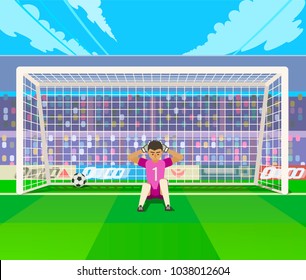 Goalkeeper training at gates. Vector illustration of goalkeeper exercising abdominal at the gates on soccer field.