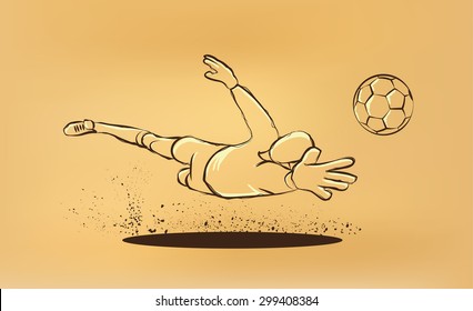 goalkeeper tries to catch the ball. sketch on the old paper