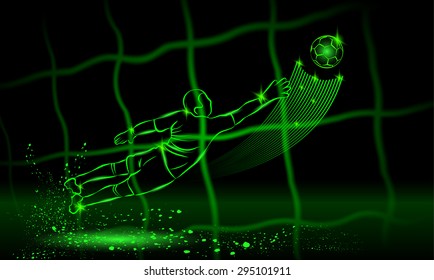 Goalkeeper try to catch the ball. rear view through the net. neon style