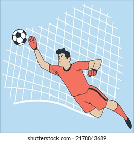 Goalkeeper is trying to save from a goal in a jump on a professional soccer stadium. Male soccer player goalkeeper catching ball in jump. Silhouette of fit man with ball isolated.