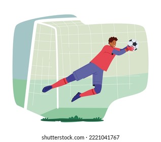 Goalkeeper Wear Football Team Uniform Jump and Catch Ball in Air. Goalie Defend Gates in Soccer Tournament. Athlete Player Male Character in Motion on Stadium. Cartoon People Vector Illustration