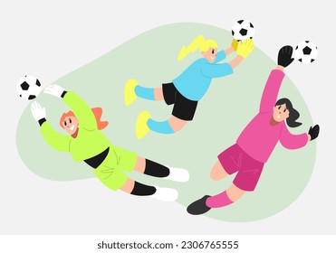 goalkeepers girls try to catch soccer ball with different style, pose, jersey color Playing soccer, football. flat vector illustration.