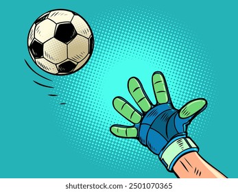 La mano del portero trata de atrapar el balón de fútbol. Eventos deportivos de fútbol. Atrapa la pelota y triunfa. Dibujo a mano de Ilustración vectorial retro de arte pop de dibujos animados cómicos