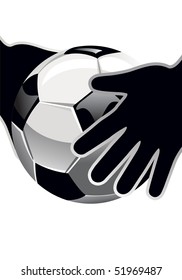  goalkeeper's hands and soccer ball isolated on white background.