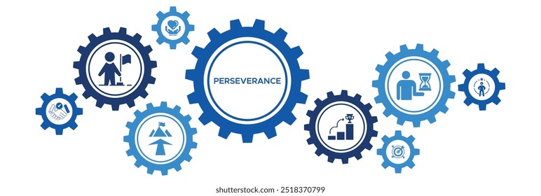 Goal-Oriented Perseverance Banner Vector Illustration Concept with Focus, Confidence, Diligence, Achievement, and Success Icons