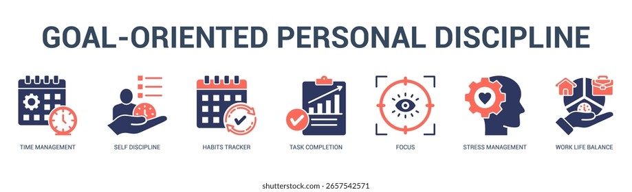 GoalOriented Personal Discipline Modern and clean web banner illustration featuring thematic icons for visual communication