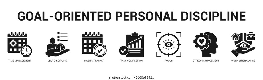 GoalOriented Personal Discipline Modern and clean web banner illustration featuring thematic icons for visual communication