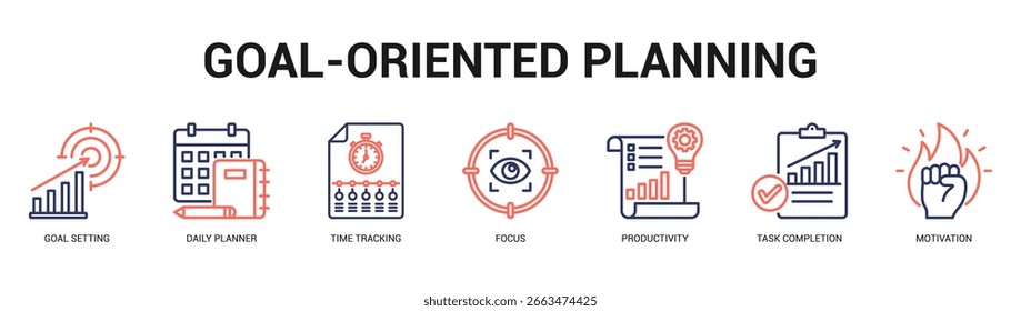 GoalOriented Planning Modern and clean web banner illustration featuring thematic icons for visual communication