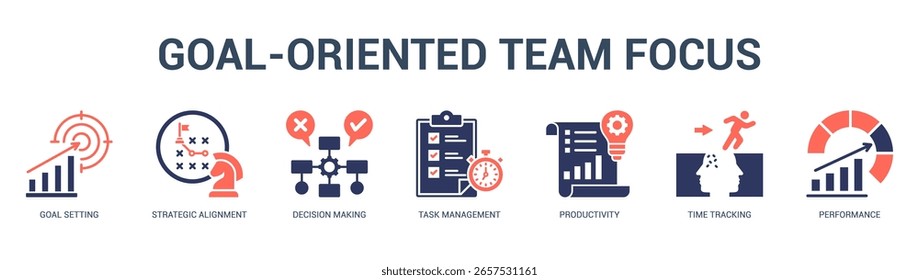 GoalOriented Team Focus Modern and clean web banner illustration featuring thematic icons for visual communication