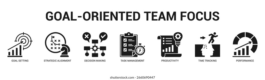 GoalOriented Team Focus Moderne und saubere Web-Banner-Illustration mit thematischen Symbolen für visuelle Kommunikation