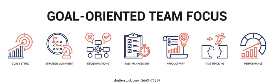 GoalOriented Team Focus Modern and clean web banner illustration featuring thematic icons for visual communication