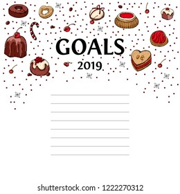 Goals 2019 vector design template with Christmas doodle elements. Delicious Christmas decorations. Vector illustration