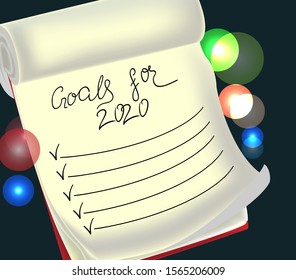 Goals for 2020. A blank notebook page on a black background. Christmas, New Year's concept. EPS10 vector illustration