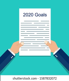 Goals 2020. Resolution list, goal checklist, plan in hand. Resolution on sheet, notebook. Personal growth concept. Development target of identity. Purpose of life on paper. vector isolated background