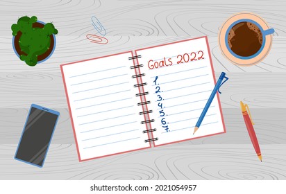 Goals for 2022 year. Target list written on notepad with pen. Planning, motivation for new year. Workplace top view on wooden table background. Vector illustration.